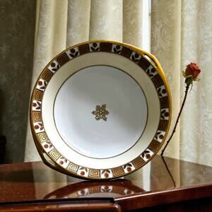 Antique 1900s Austrian Porcelain Open Handle Serving Bowl Greek Key Roses